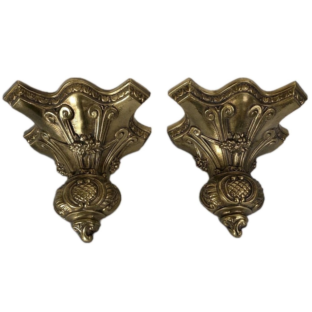 Pair of Vintage Ornate Gilded Brass Wall Sconce Shelves MCM Hollywood Regency